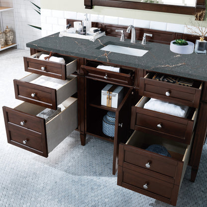 James Martin Vanities Brittany 60" Burnished Mahogany Single Vanity With 3 cm Parisien Bleu Silestone Top and FreePower Wireless Charger