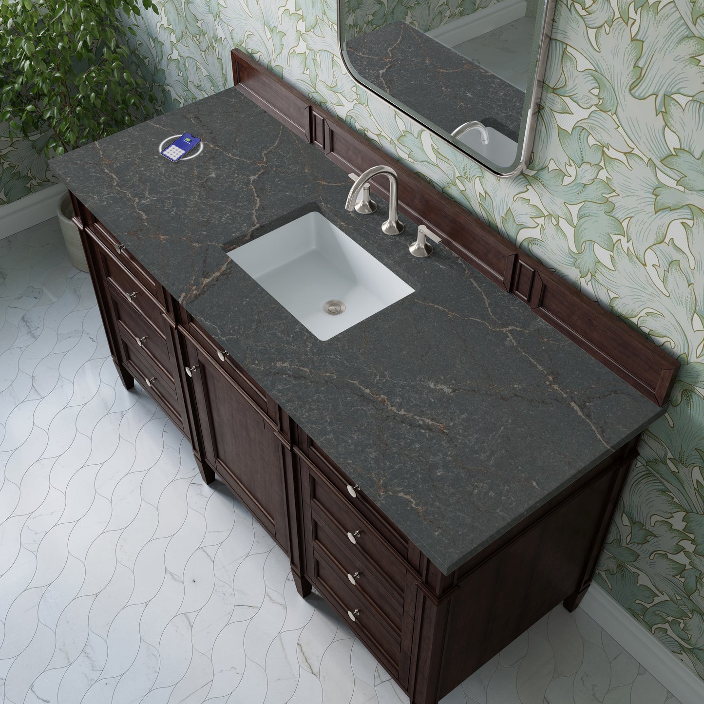 James Martin Vanities Brittany 60" Burnished Mahogany Single Vanity With 3 cm Parisien Bleu Silestone Top and FreePower Wireless Charger