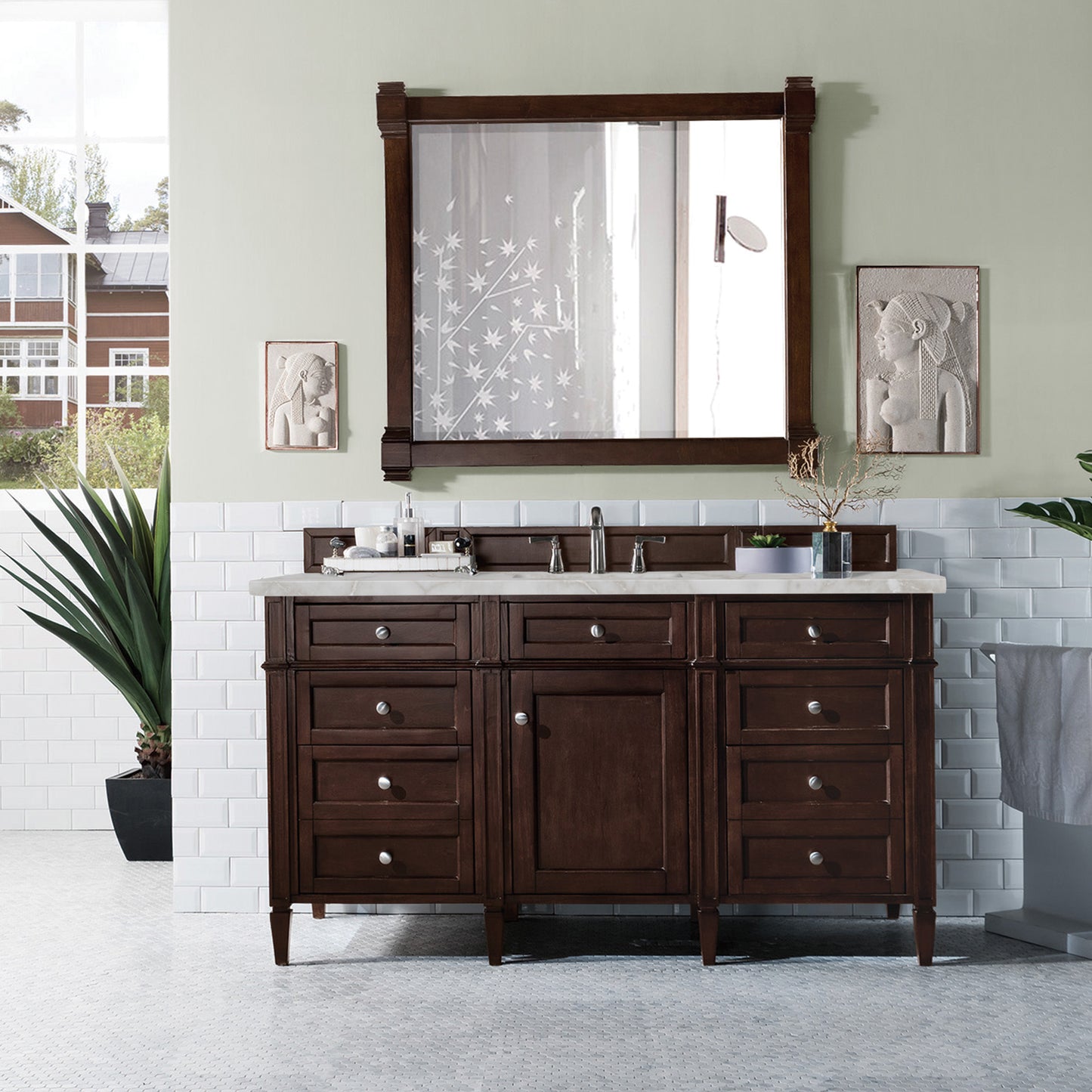 James Martin Vanities Brittany 60" Burnished Mahogany Single Vanity With 3 cm Victorian Silver Silestone Top and FreePower Wireless Charger