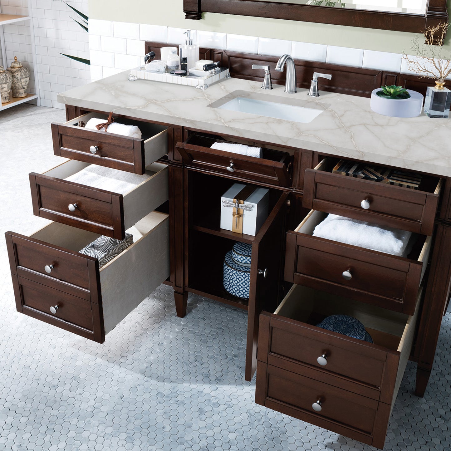 James Martin Vanities Brittany 60" Burnished Mahogany Single Vanity With 3 cm Victorian Silver Silestone Top and FreePower Wireless Charger