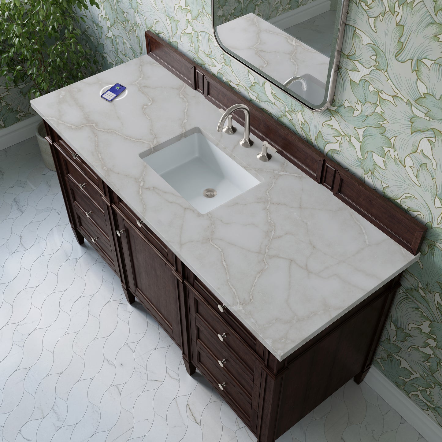 James Martin Vanities Brittany 60" Burnished Mahogany Single Vanity With 3 cm Victorian Silver Silestone Top and FreePower Wireless Charger