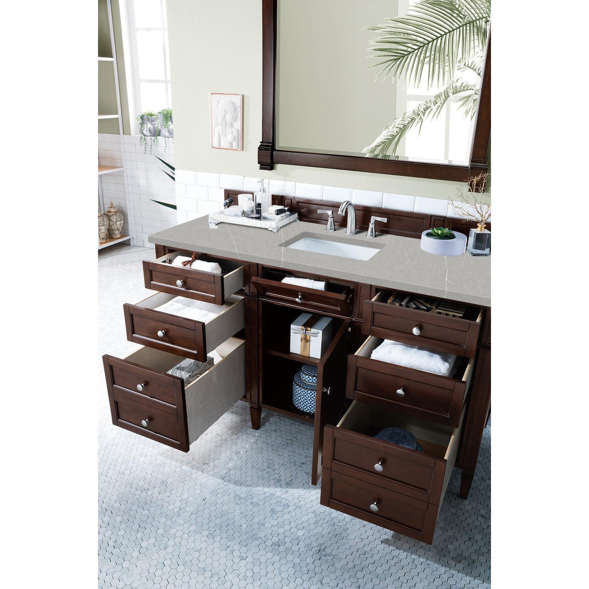 James Martin Vanities Brittany 60" Burnished Mahogany Single Vanity With 3cm Eternal Serena Quartz Top