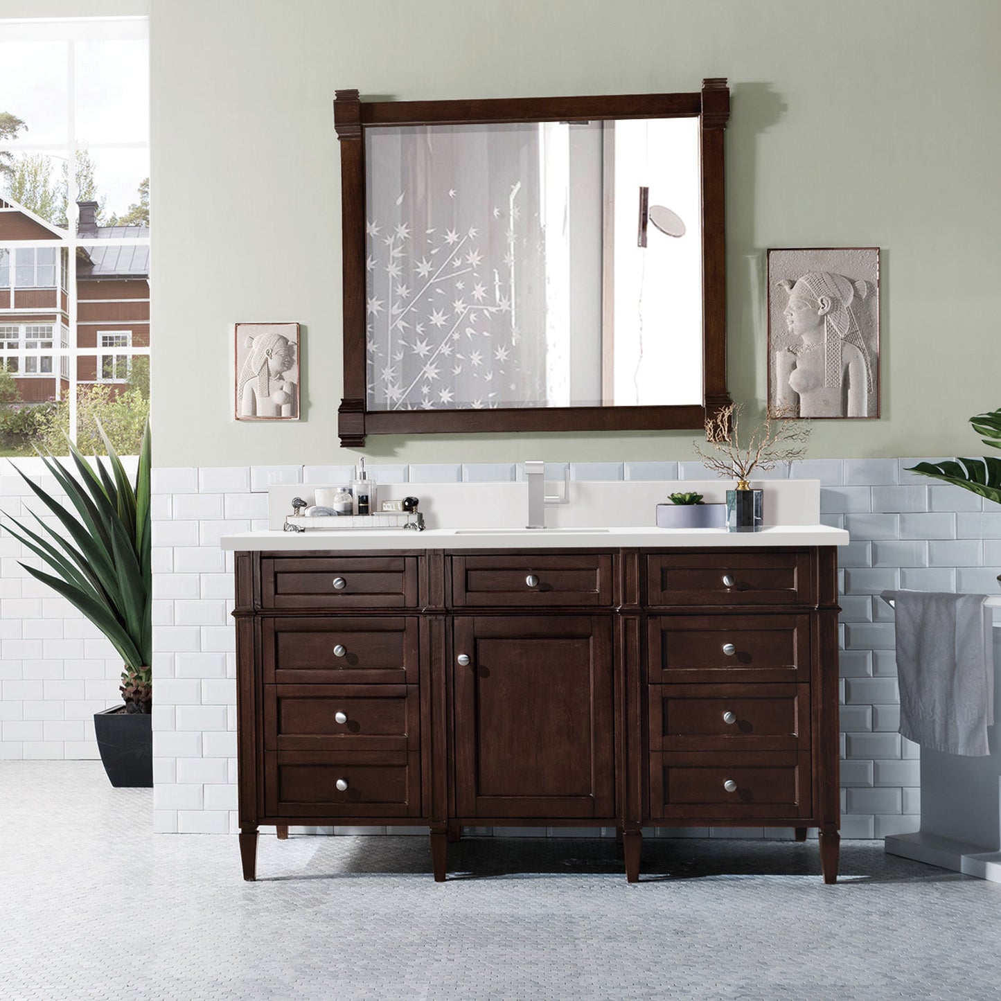 James Martin Vanities Brittany 60" Burnished Mahogany Single Vanity With Single Hole 3 cm White Zeus Quartz Top & Backsplash