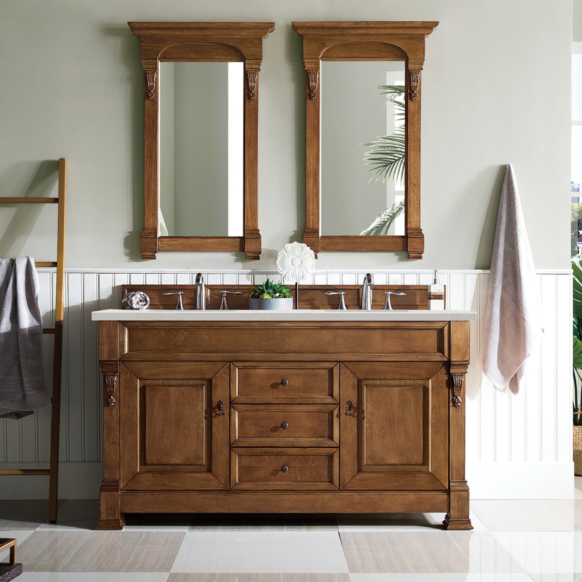 James Martin Vanities Brittany 60" Country Oak Double Vanity With 3 cm Lime Delight Quartz Top