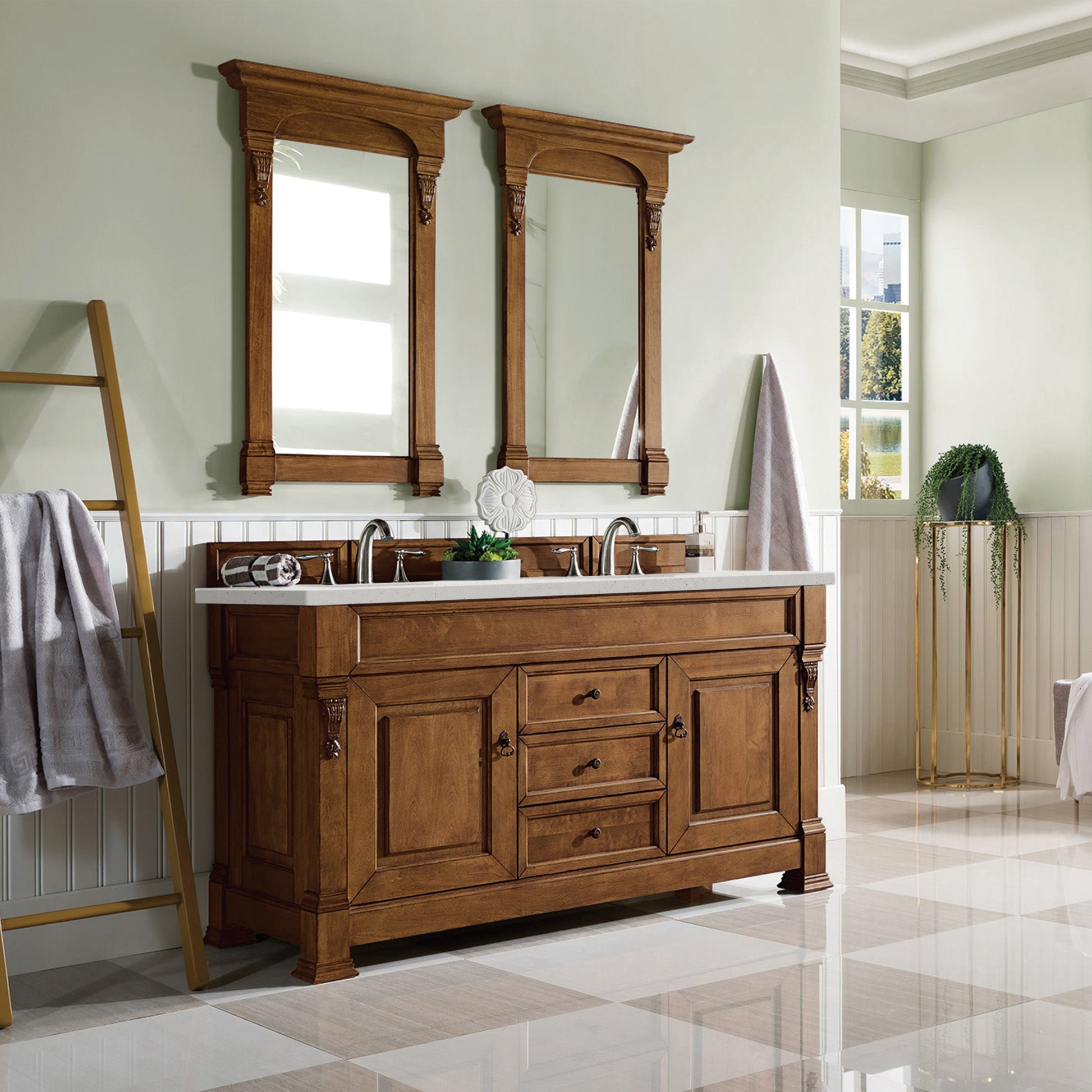 James Martin Vanities Brittany 60" Country Oak Double Vanity With 3 cm Lime Delight Quartz Top