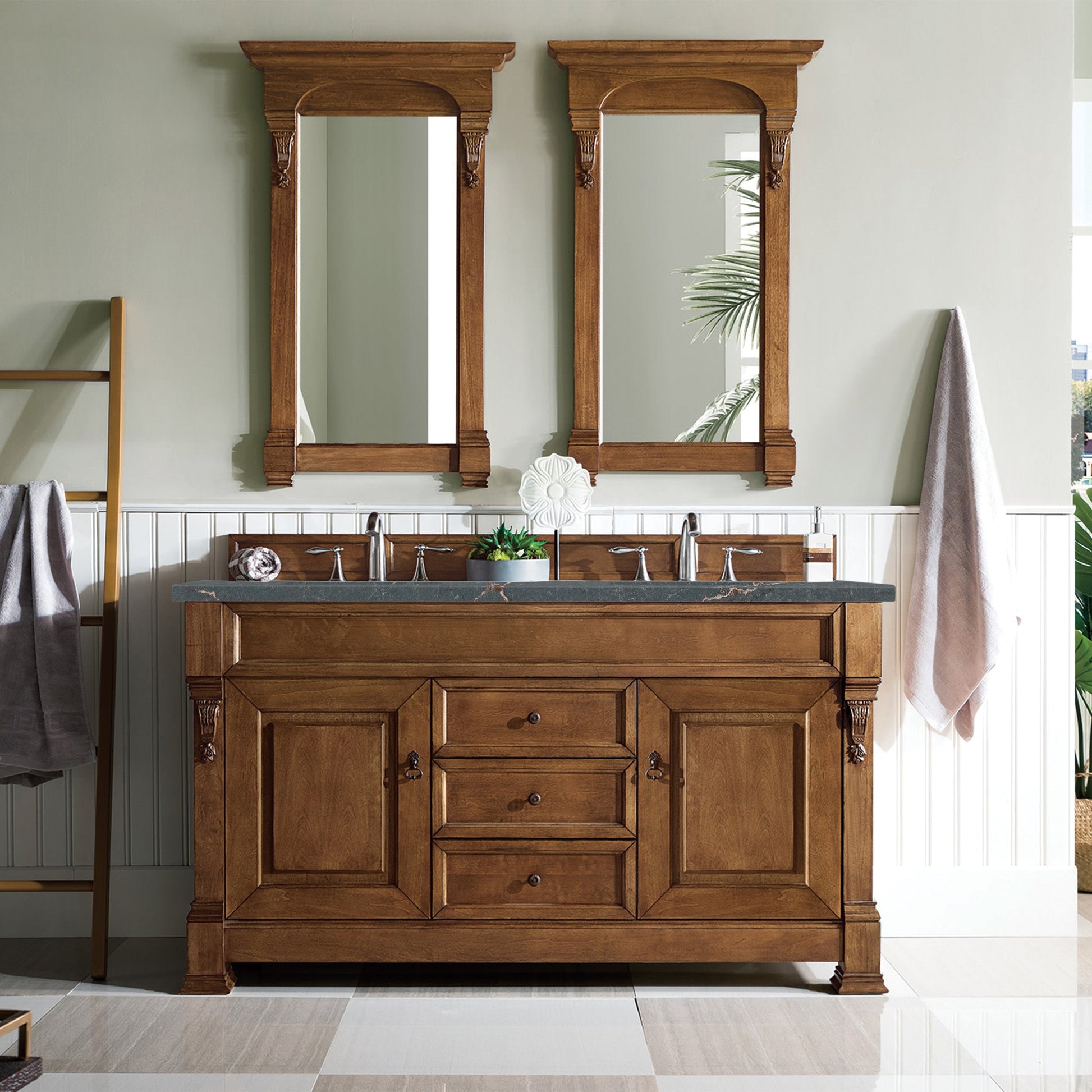 James Martin Vanities Brittany 60" Country Oak Double Vanity With 3 cm Parisien Bleu Quartz Top