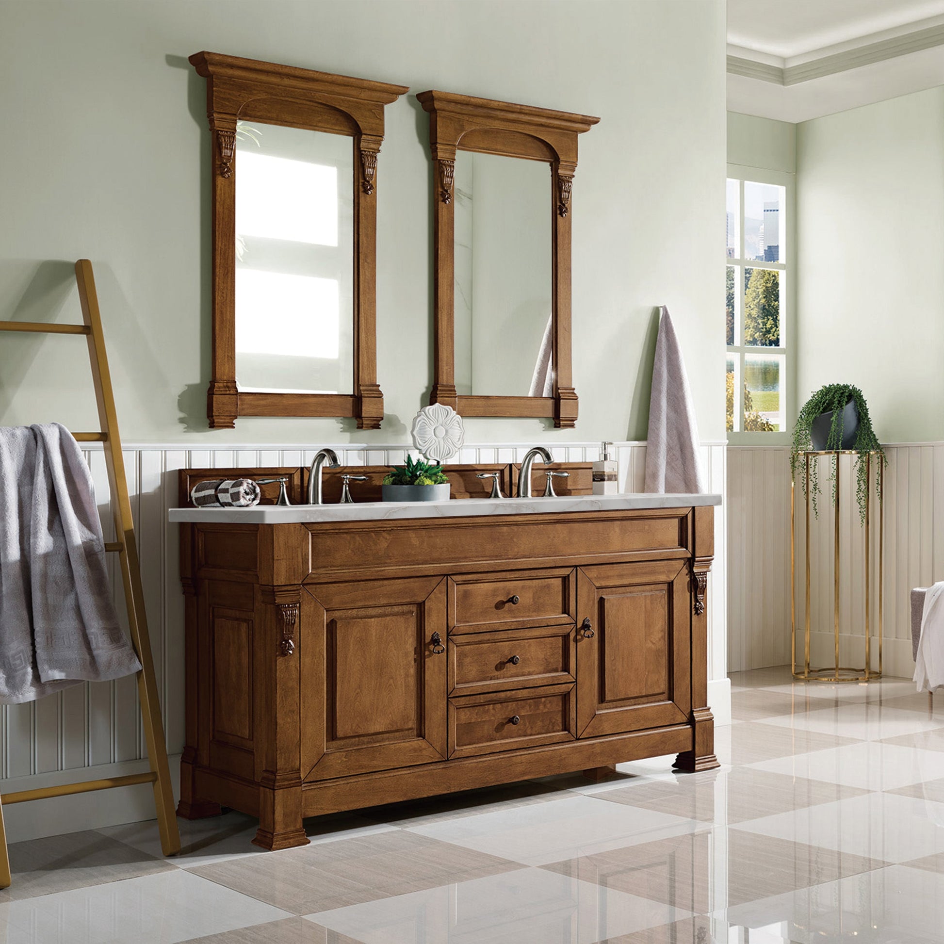 James Martin Vanities Brittany 60" Country Oak Double Vanity With 3 cm Victorian Silver Quartz Top