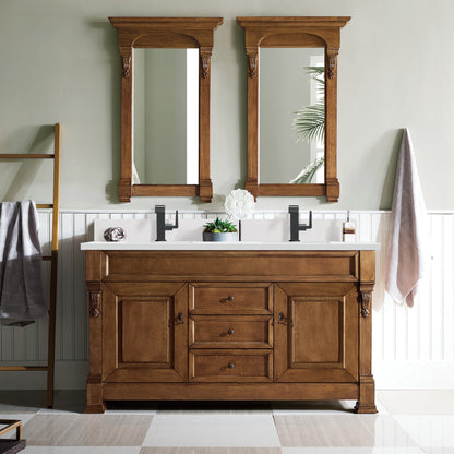 James Martin Vanities Brittany 60" Country Oak Double Vanity With Single Hole 3 cm White Zeus Quartz Top & Backsplash