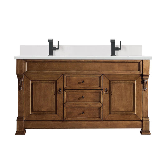 James Martin Vanities Brittany 60" Country Oak Double Vanity With Single Hole 3 cm White Zeus Quartz Top & Backsplash