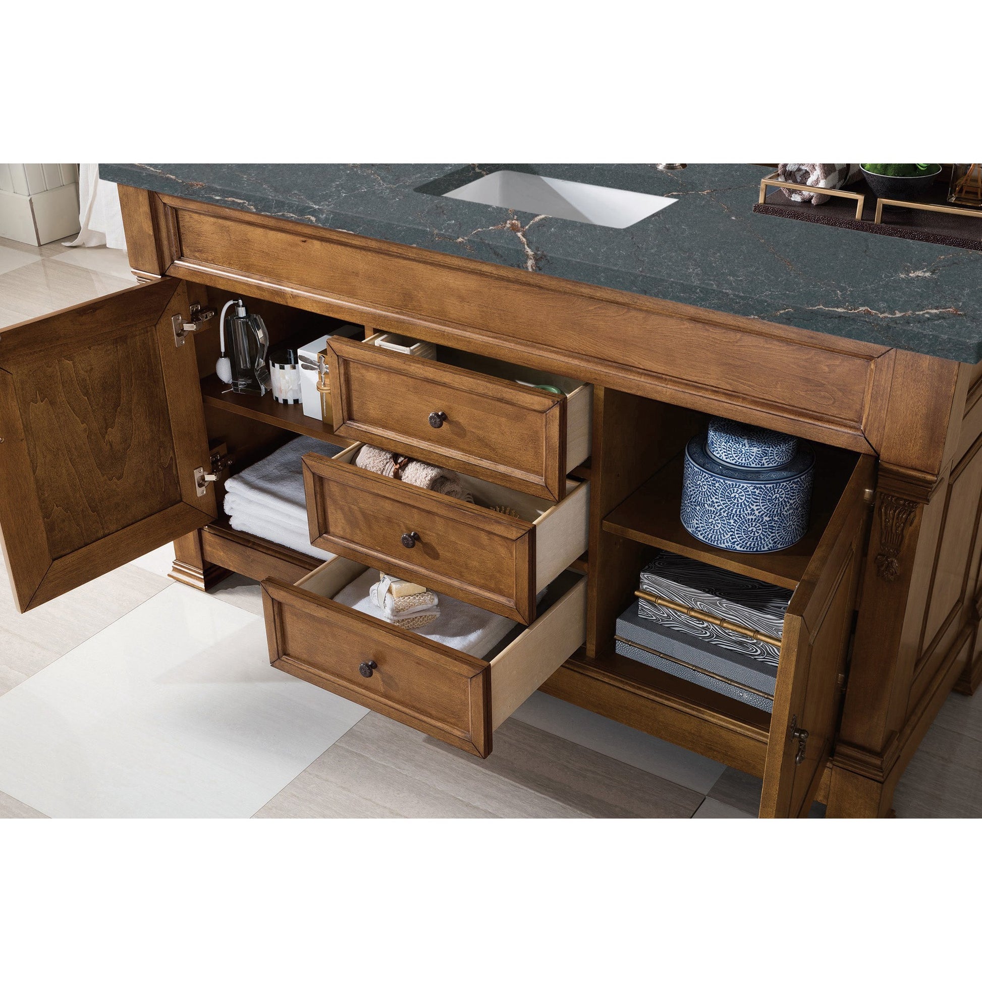 James Martin Vanities Brittany 60" Country Oak Single Vanity With 3 cm Parisien Bleu Quartz Top