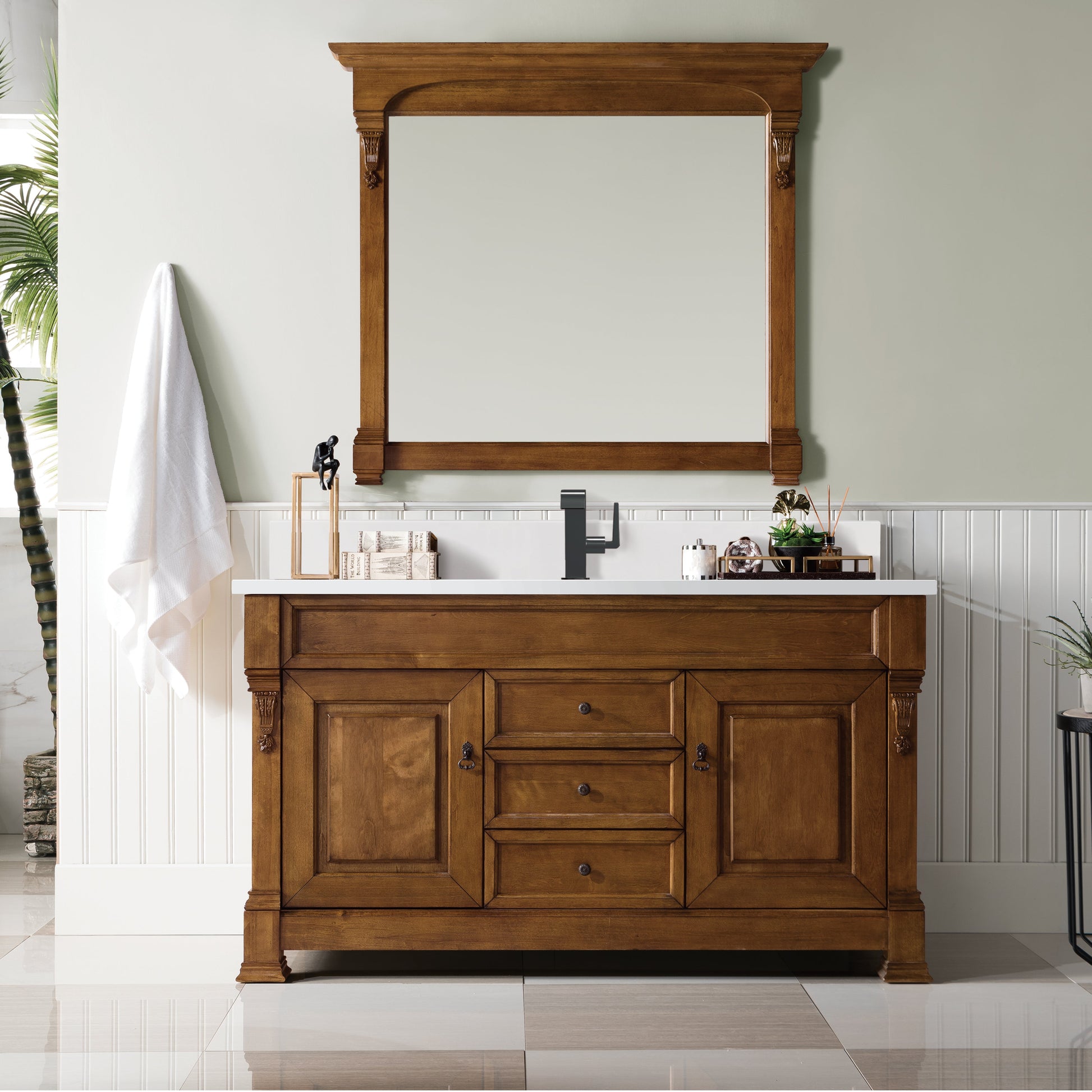 James Martin Vanities Brittany 60" Country Oak Single Vanity With Single Hole 3 cm White Zeus Quartz Top & Backsplash