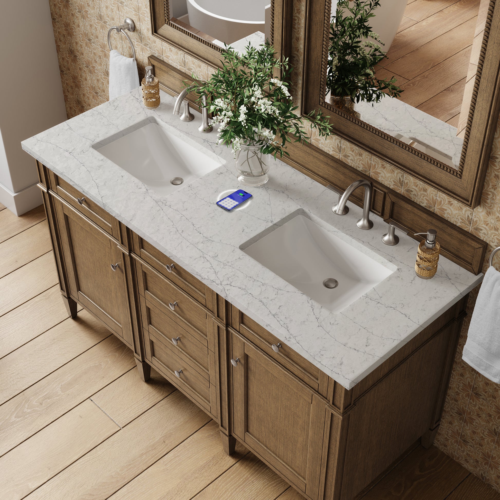 James Martin Vanities Brittany 60" Saddle Brown Double Vanity With 3 cm Eternal Jasmine Pearl Silestone Top and FreePower Wireless Charger