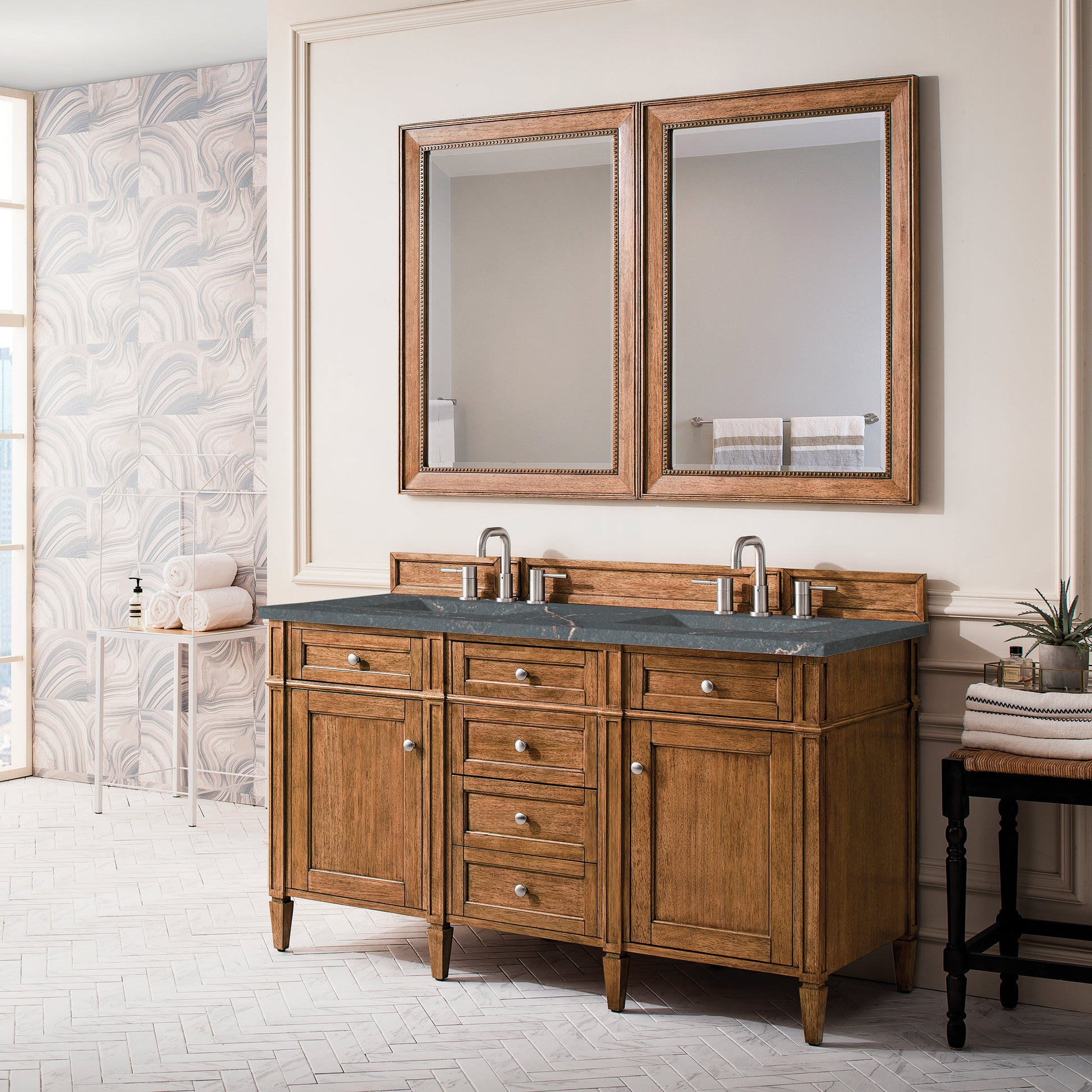 James Martin Vanities Brittany 60" Saddle Brown Double Vanity With 3 cm Parisien Bleu Quartz Top