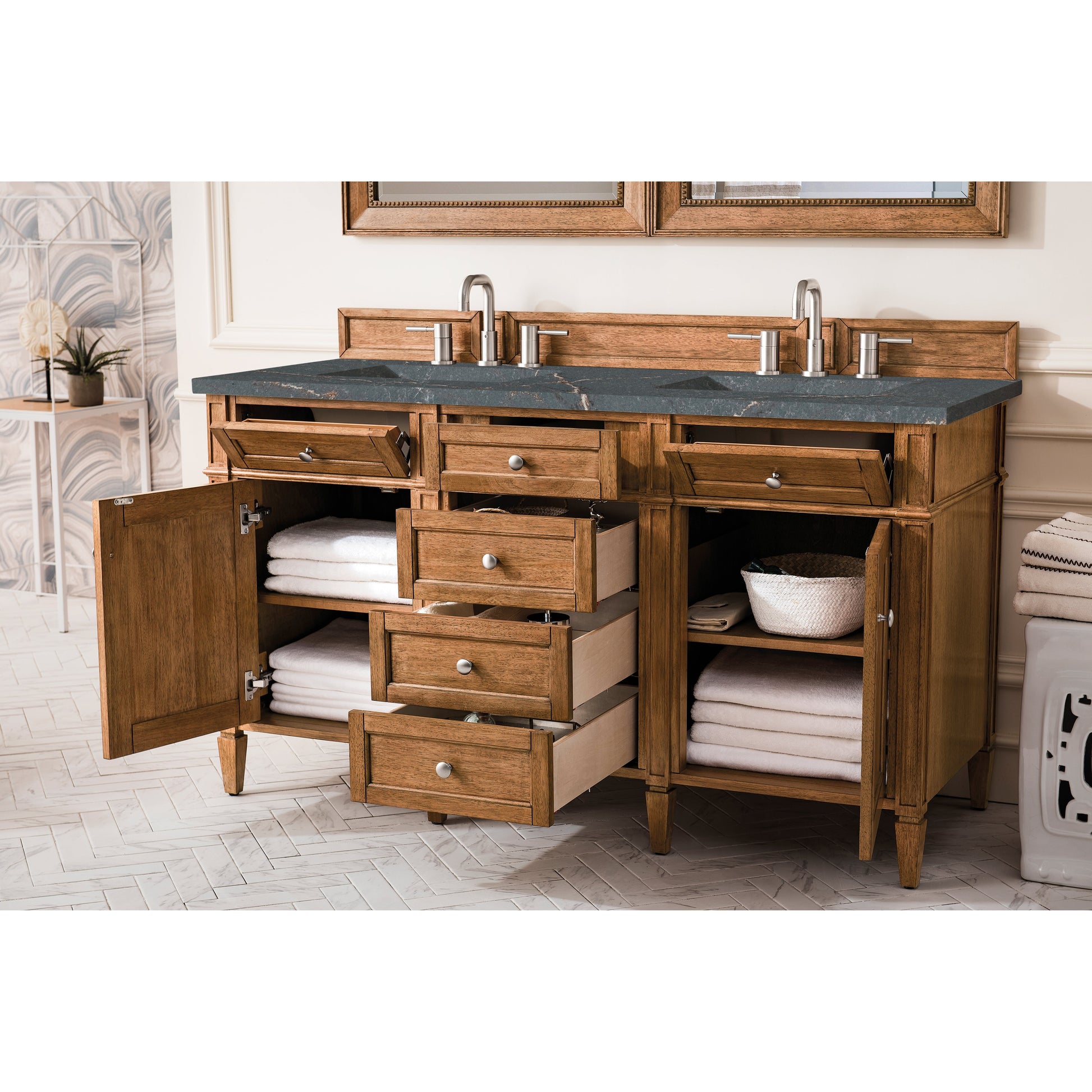 James Martin Vanities Brittany 60" Saddle Brown Double Vanity With 3 cm Parisien Bleu Quartz Top