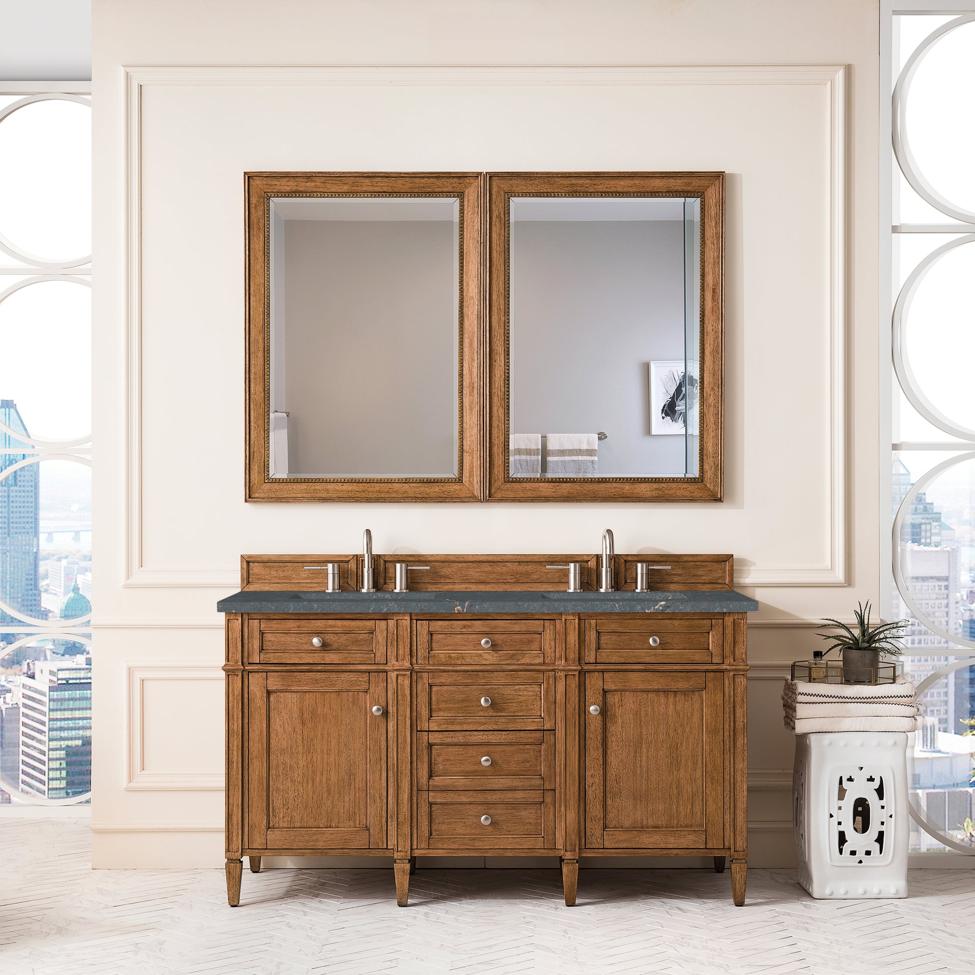 James Martin Vanities Brittany 60" Saddle Brown Double Vanity With 3 cm Parisien Bleu Silestone Top and FreePower Wireless Charger