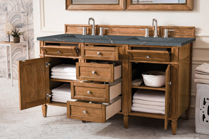 James Martin Vanities Brittany 60" Saddle Brown Double Vanity With 3 cm Parisien Bleu Silestone Top and FreePower Wireless Charger