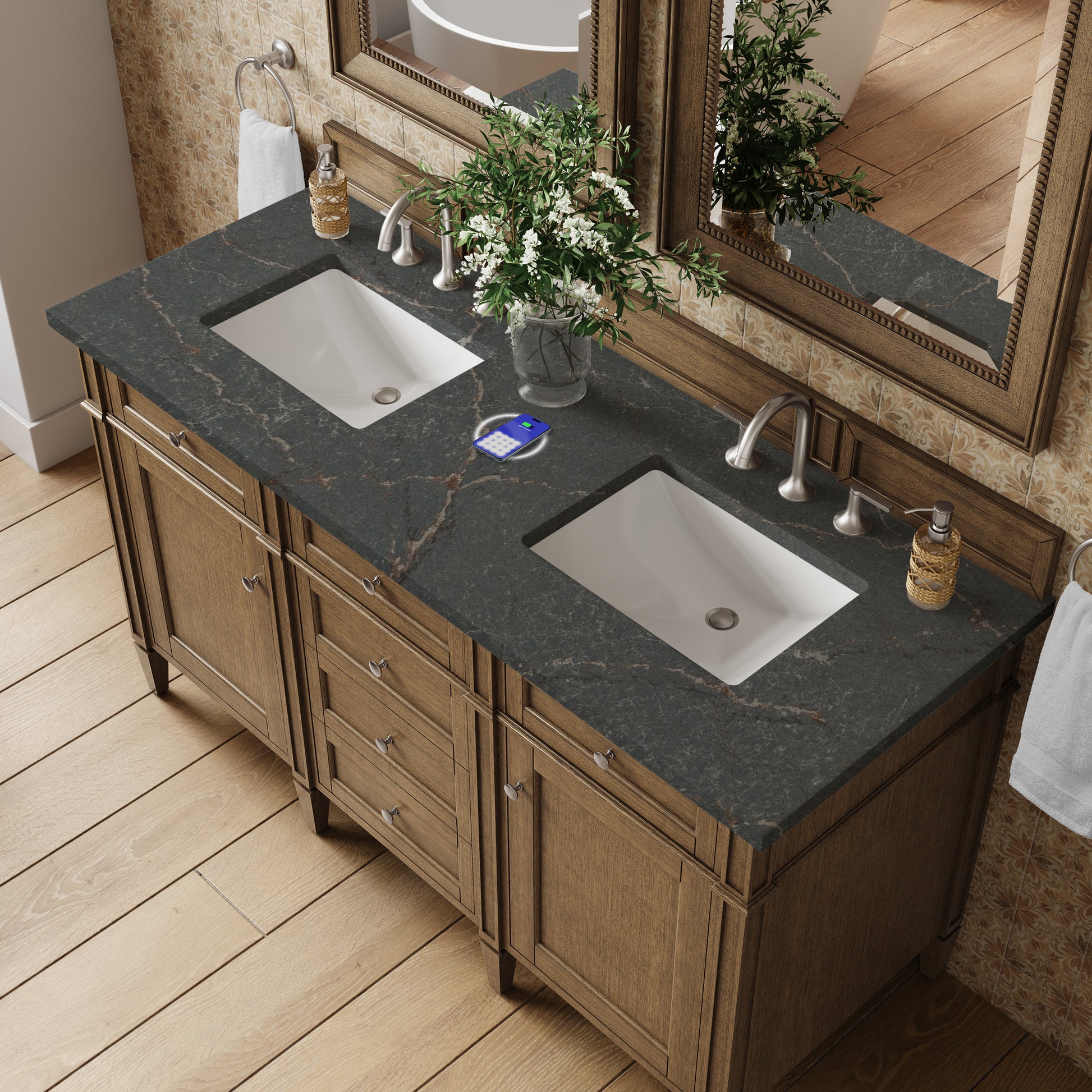 James Martin Vanities Brittany 60" Saddle Brown Double Vanity With 3 cm Parisien Bleu Silestone Top and FreePower Wireless Charger