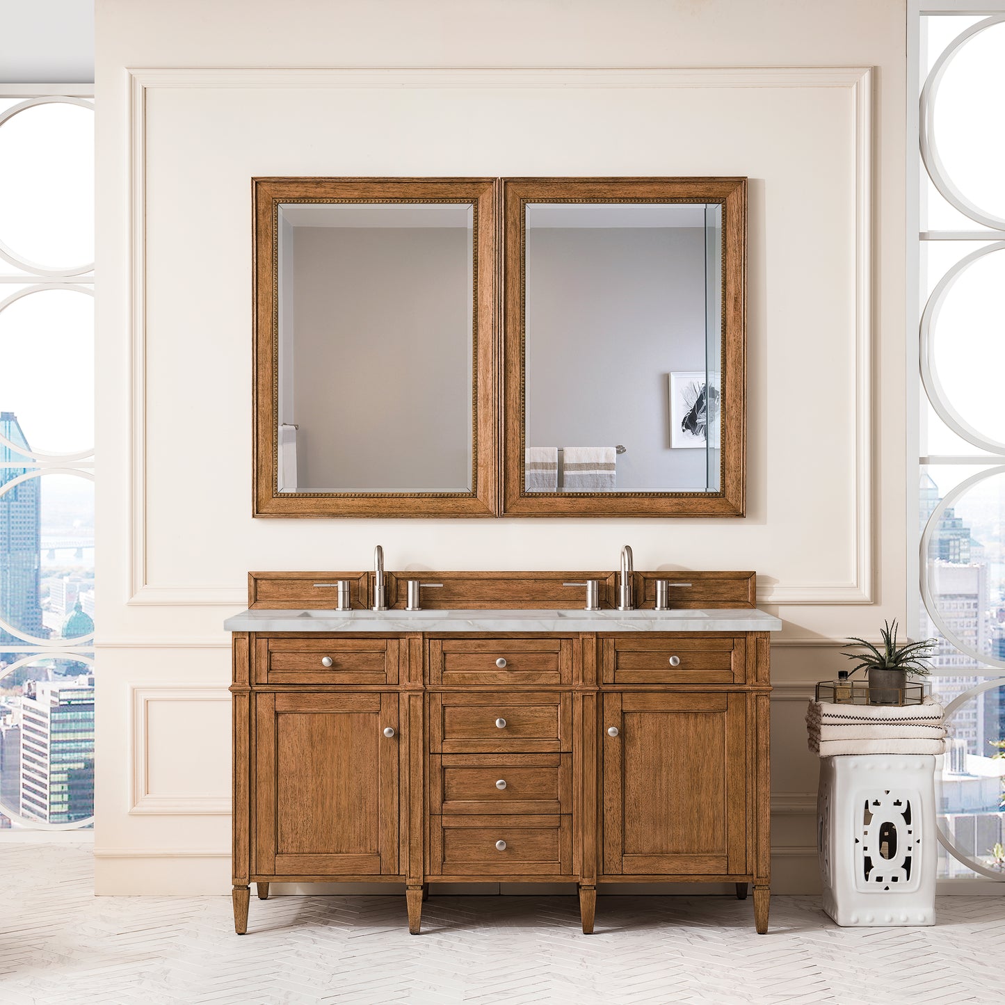 James Martin Vanities Brittany 60" Saddle Brown Double Vanity With 3 cm Victorian Silver Silestone Top and FreePower Wireless Charger
