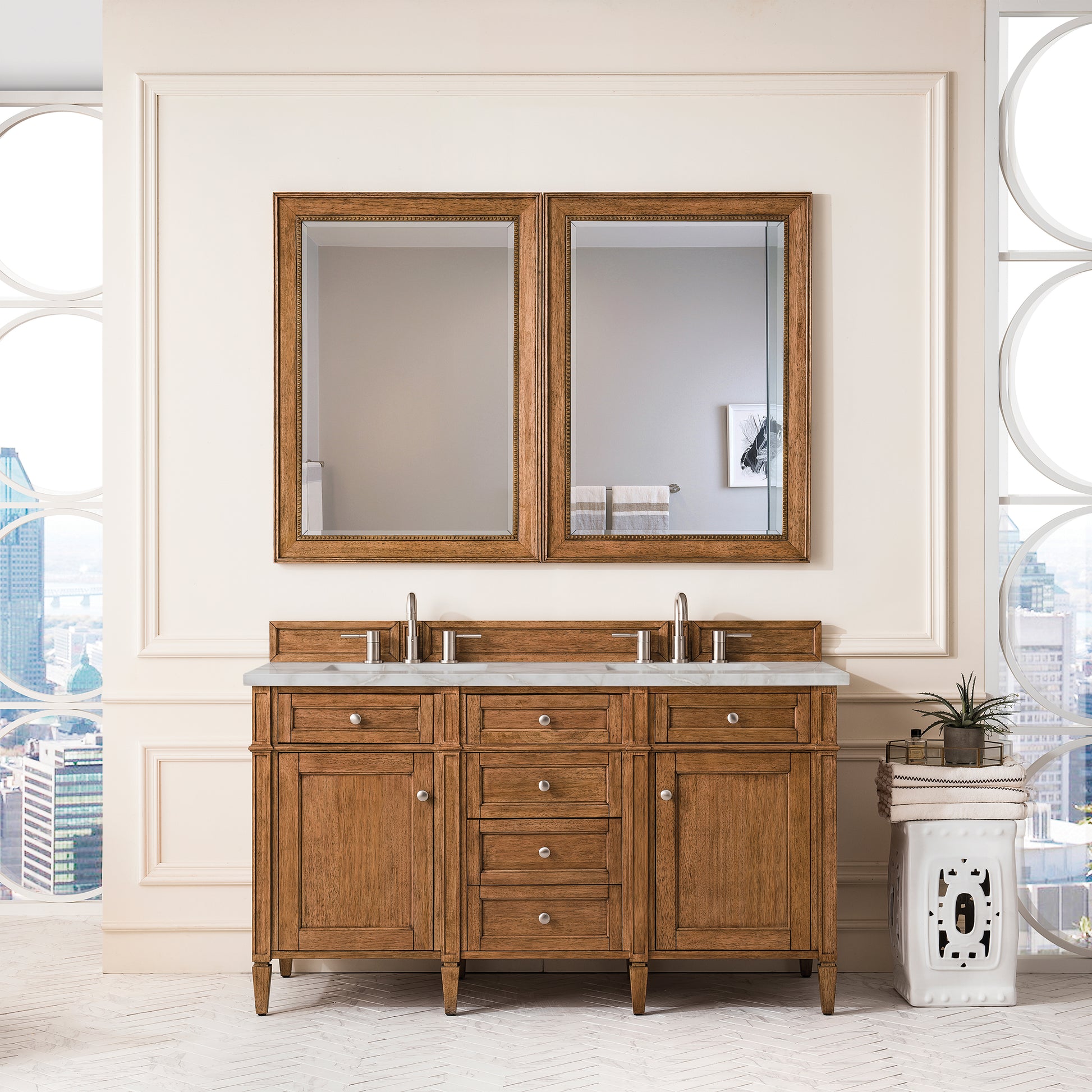 James Martin Vanities Brittany 60" Saddle Brown Double Vanity With 3 cm Victorian Silver Silestone Top and FreePower Wireless Charger