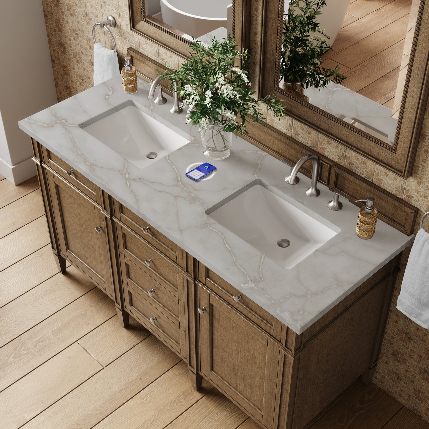 James Martin Vanities Brittany 60" Saddle Brown Double Vanity With 3 cm Victorian Silver Silestone Top and FreePower Wireless Charger