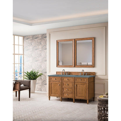 James Martin Vanities Brittany 60" Saddle Brown Double Vanity With 3cm Cala Blue Quartz Top