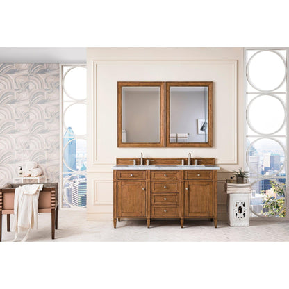 James Martin Vanities Brittany 60" Saddle Brown Double Vanity With 3cm Carrara Marble Top