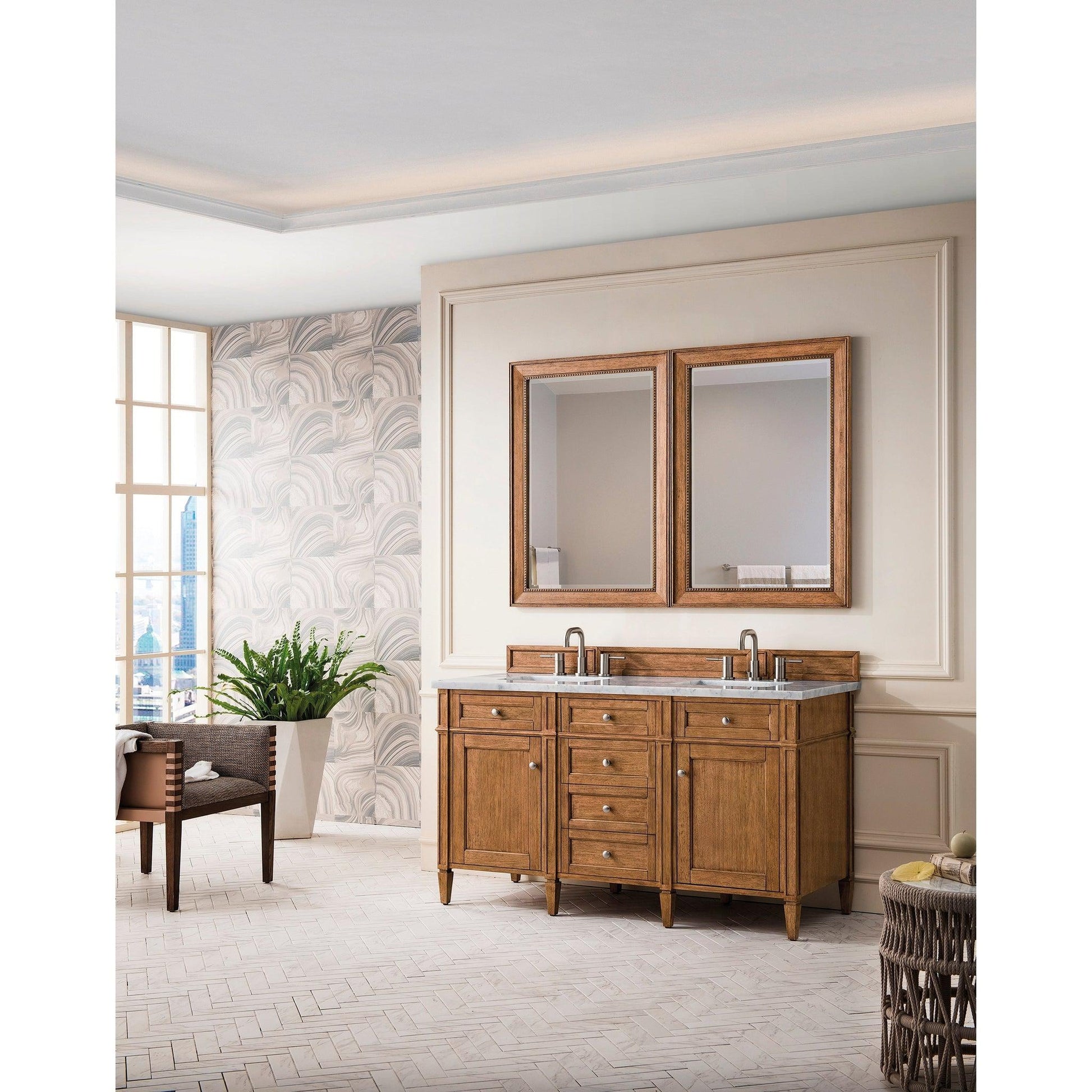 James Martin Vanities Brittany 60" Saddle Brown Double Vanity With 3cm Carrara Marble Top