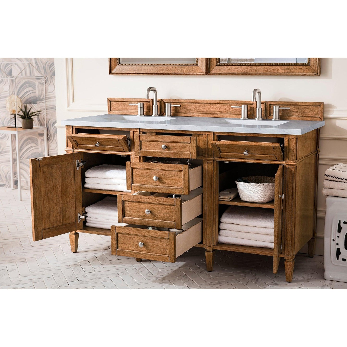 James Martin Vanities Brittany 60" Saddle Brown Double Vanity With 3cm Carrara Marble Top