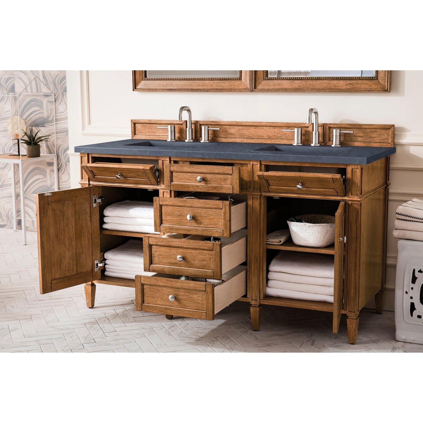 James Martin Vanities Brittany 60" Saddle Brown Double Vanity With 3cm Charcoal Soapstone Quartz Top
