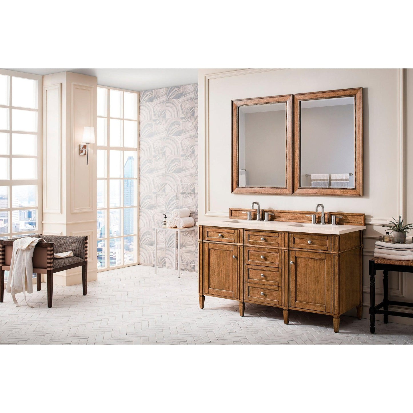 James Martin Vanities Brittany 60" Saddle Brown Double Vanity With 3cm Eternal Marfil Quartz Top