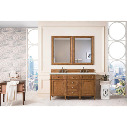 James Martin Vanities Brittany 60" Saddle Brown Double Vanity With 3cm Ethereal Noctis Quartz Top