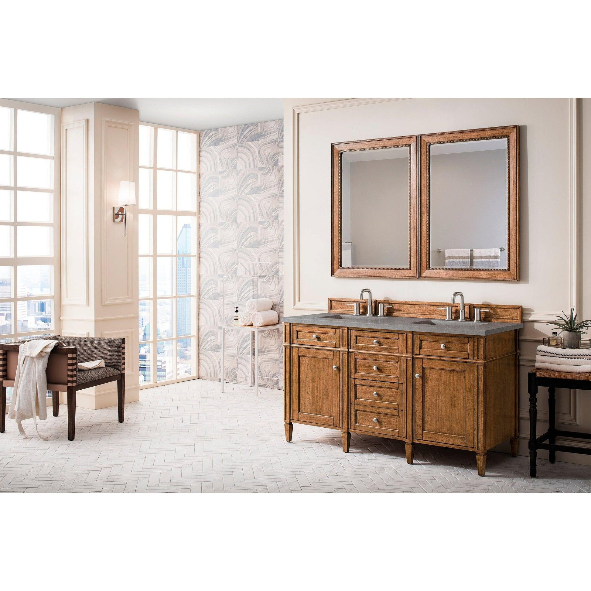 James Martin Vanities Brittany 60" Saddle Brown Double Vanity With 3cm Grey Expo Quartz Top