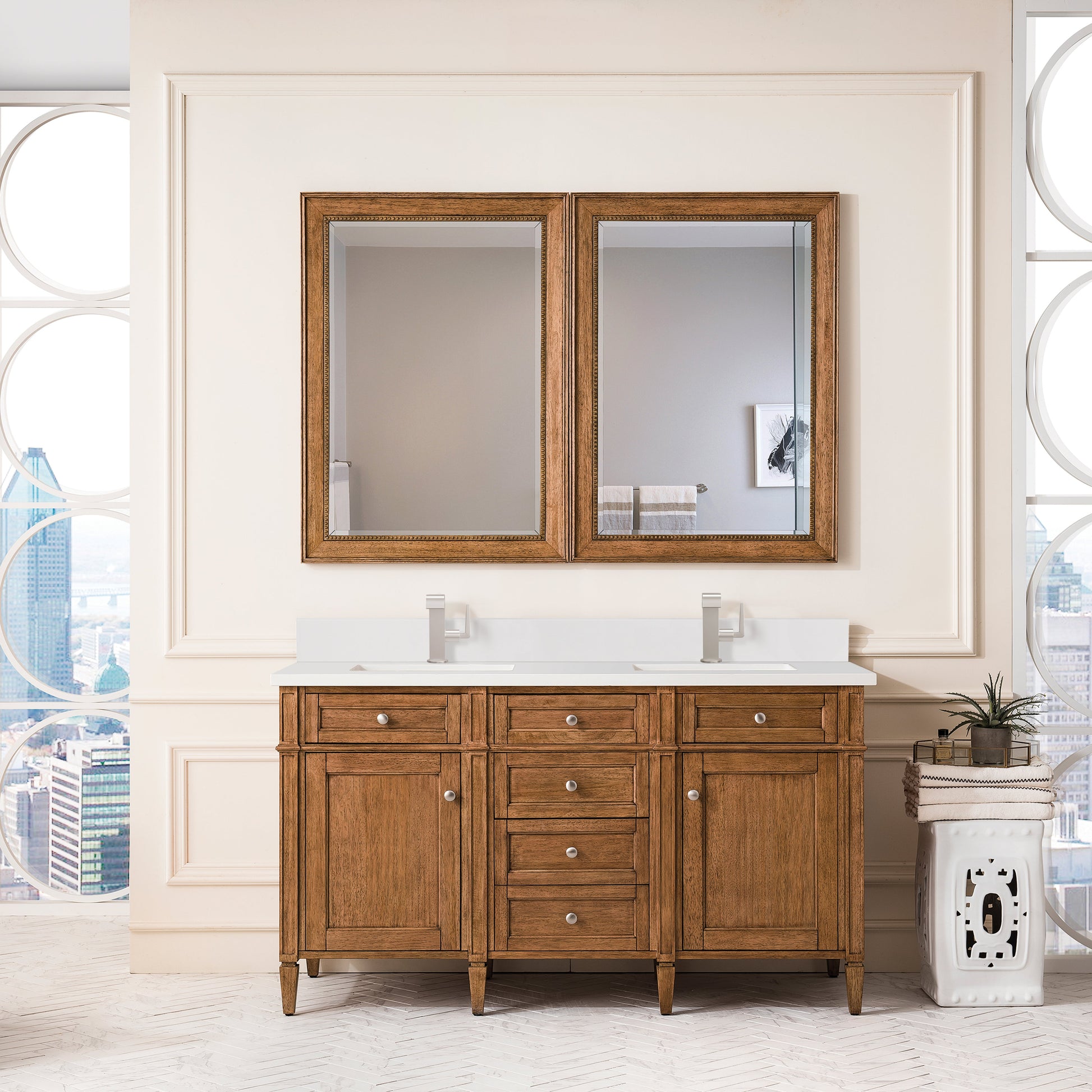 James Martin Vanities Brittany 60" Saddle Brown Double Vanity With Single Hole 3 cm White Zeus Quartz Top & Backsplash