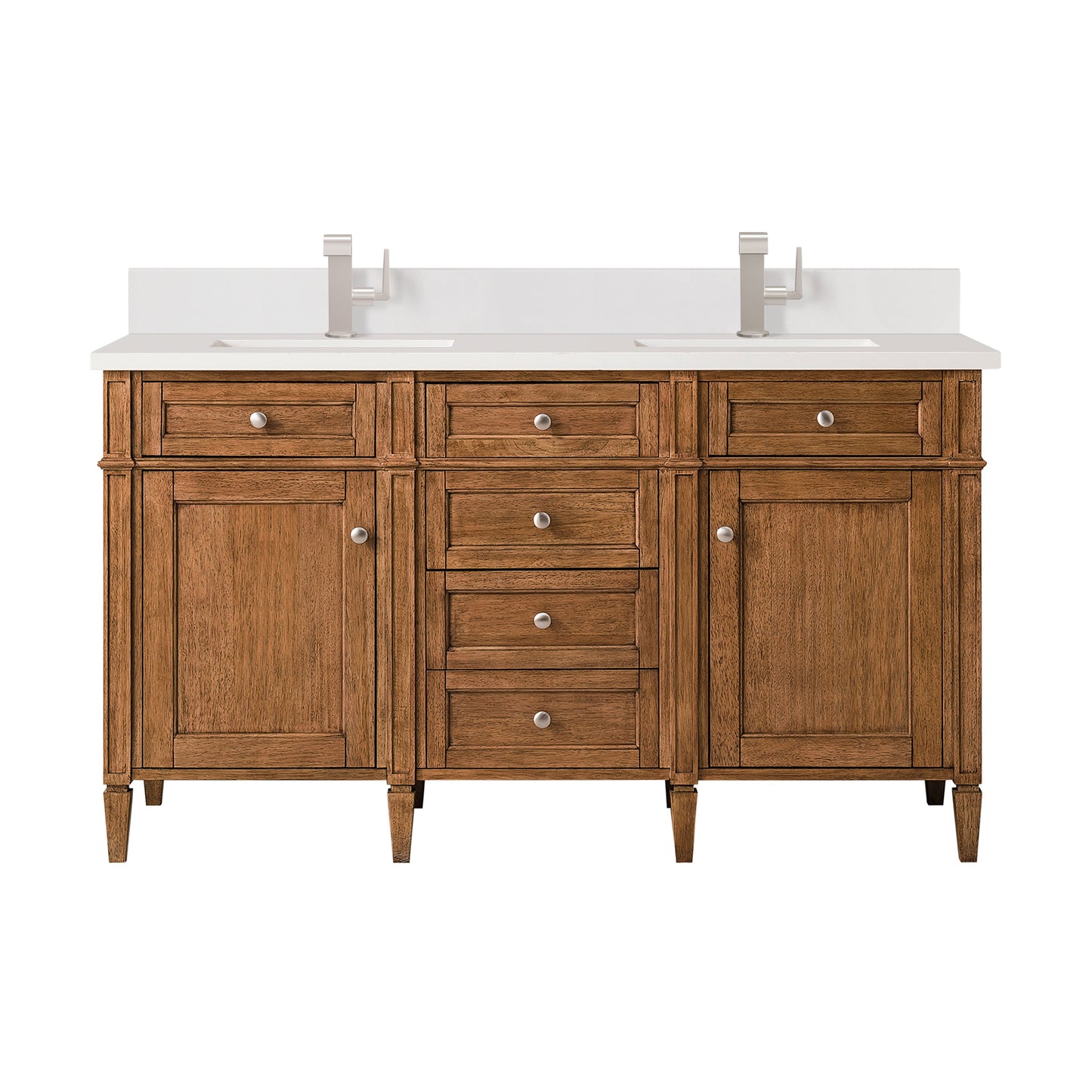 James Martin Vanities Brittany 60" Saddle Brown Double Vanity With Single Hole 3 cm White Zeus Quartz Top & Backsplash