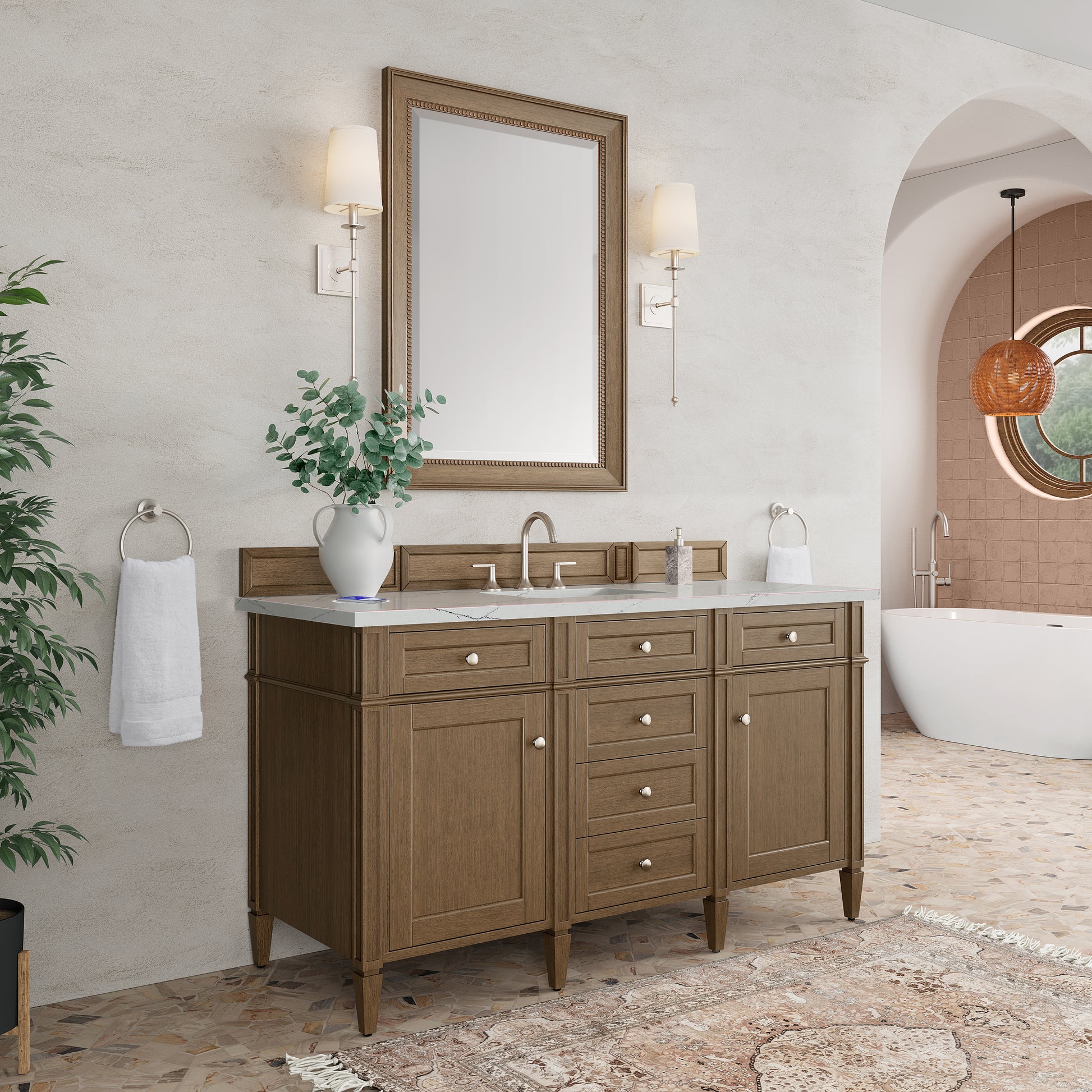 James Martin Vanities Brittany 60" Saddle Brown Single Vanity With 3 cm Ethereal Noctis Silestone Top and FreePower Wireless Charger