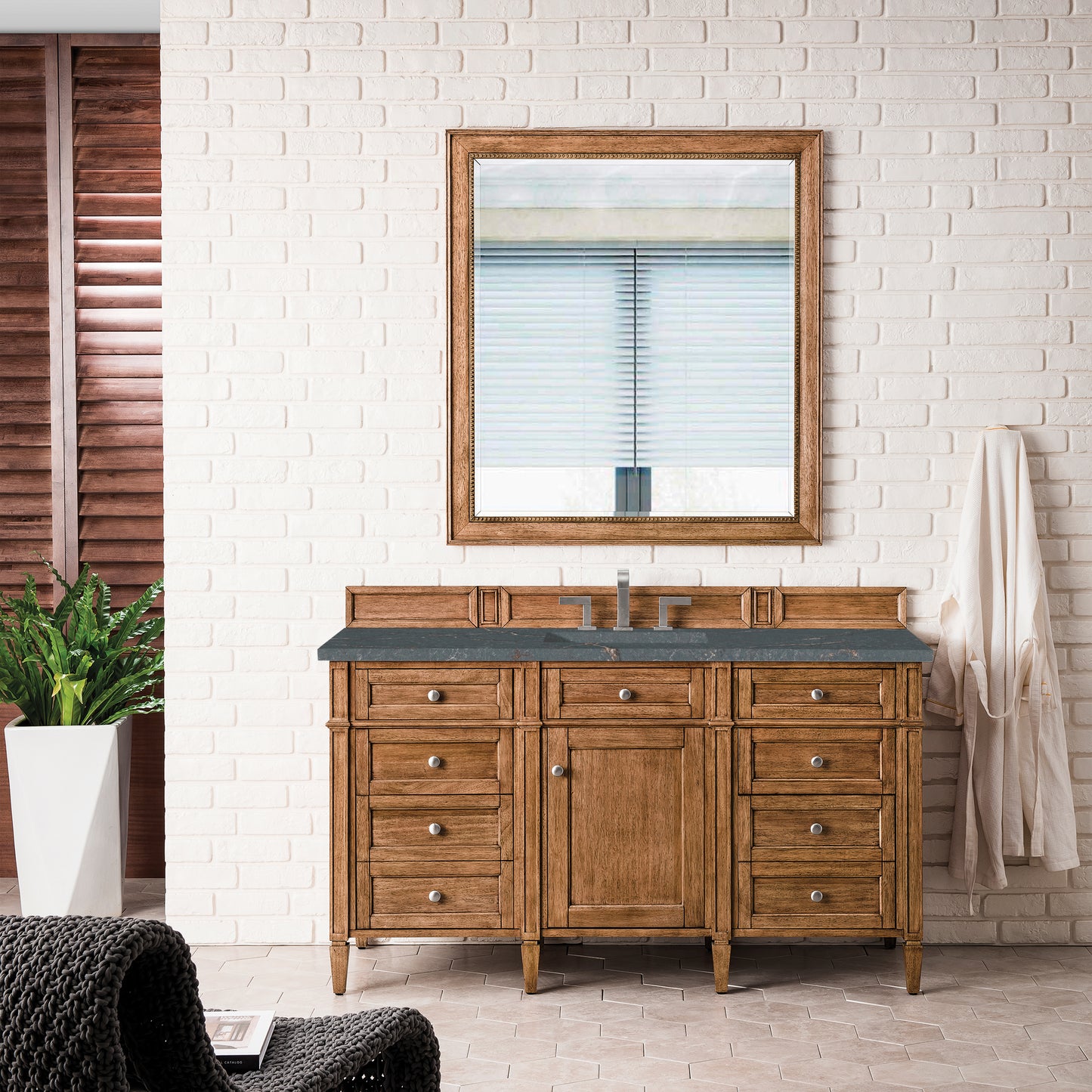 James Martin Vanities Brittany 60" Saddle Brown Single Vanity With 3 cm Parisien Bleu Silestone Top and FreePower Wireless Charger