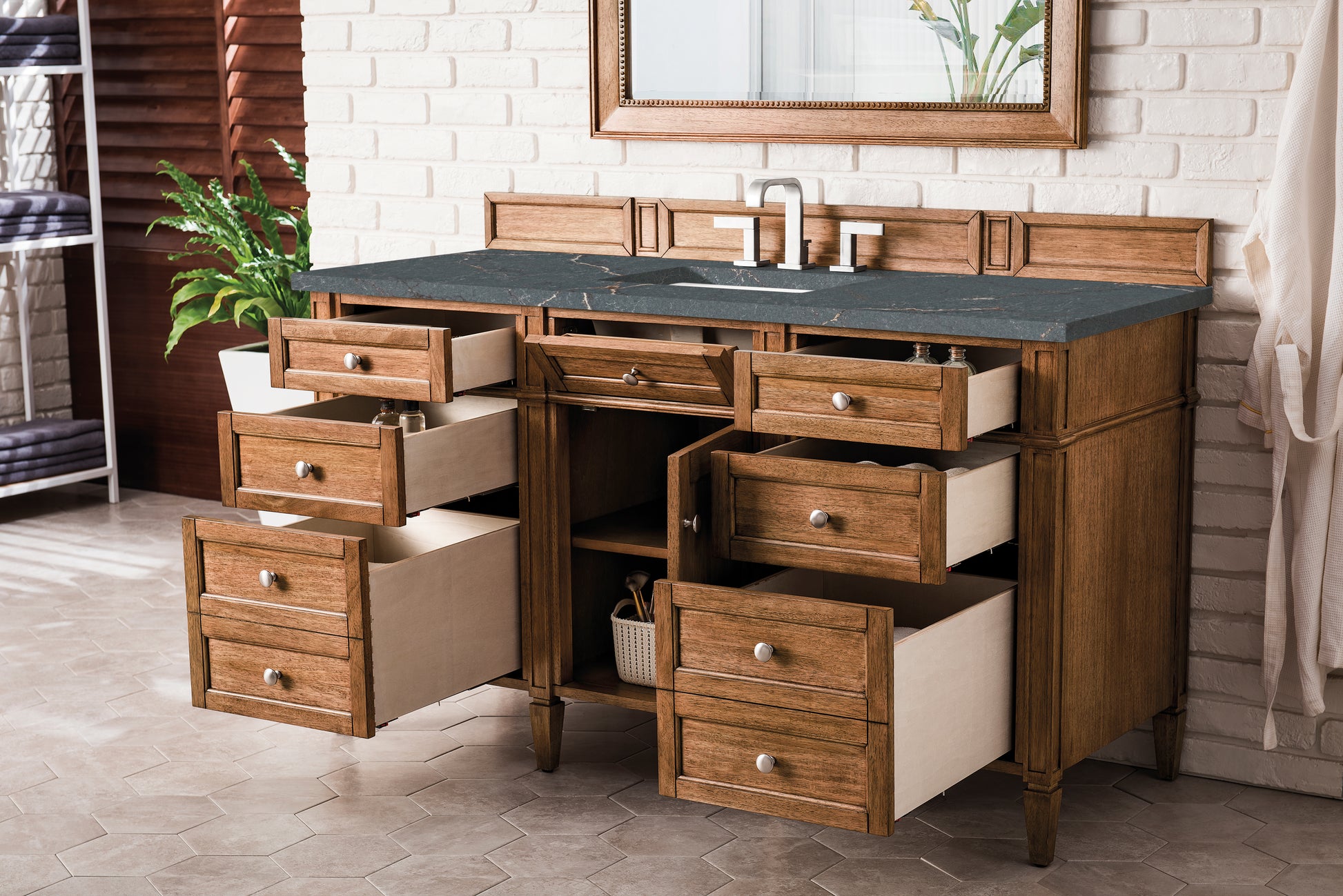 James Martin Vanities Brittany 60" Saddle Brown Single Vanity With 3 cm Parisien Bleu Silestone Top and FreePower Wireless Charger