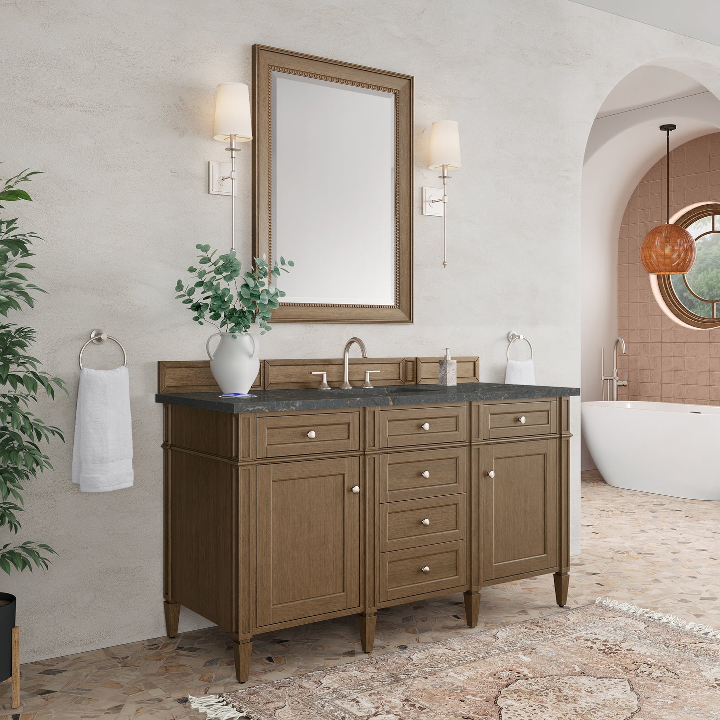 James Martin Vanities Brittany 60" Saddle Brown Single Vanity With 3 cm Parisien Bleu Silestone Top and FreePower Wireless Charger