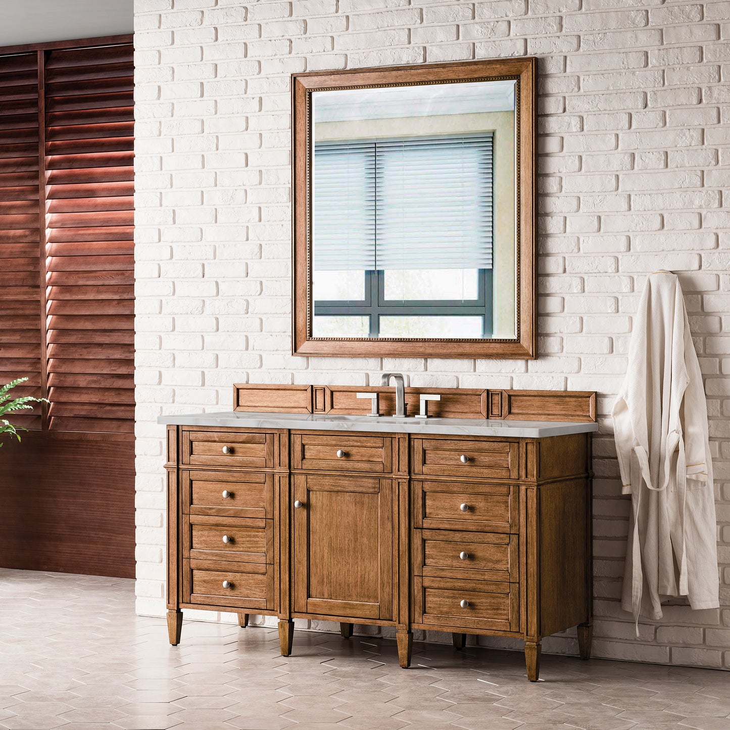 James Martin Vanities Brittany 60" Saddle Brown Single Vanity With 3 cm Victorian Silver Silestone Top and FreePower Wireless Charger