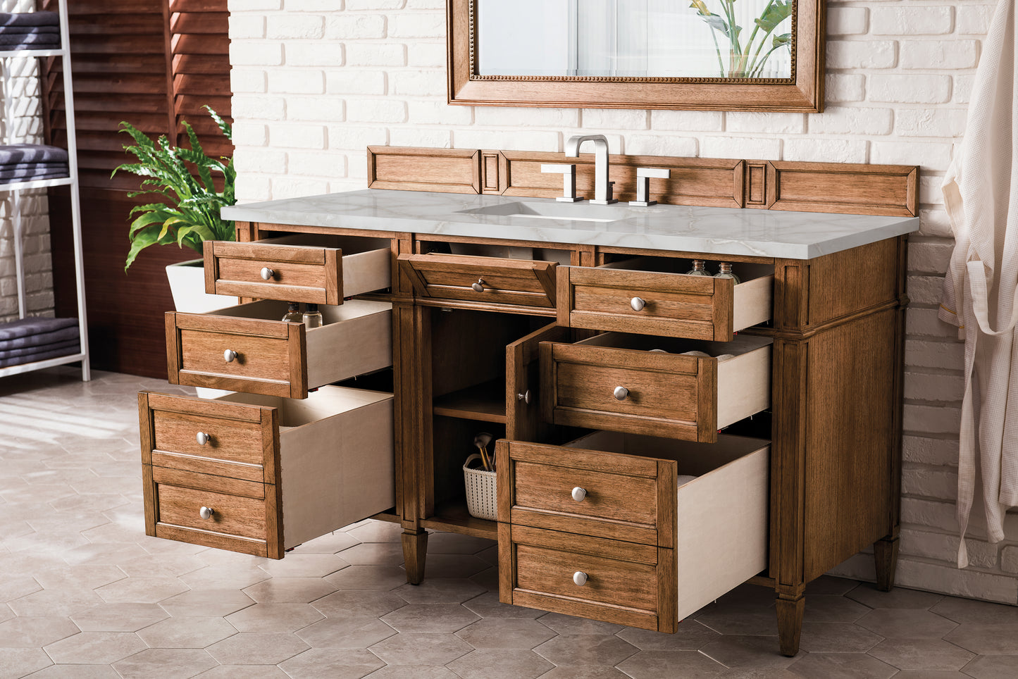 James Martin Vanities Brittany 60" Saddle Brown Single Vanity With 3 cm Victorian Silver Silestone Top and FreePower Wireless Charger