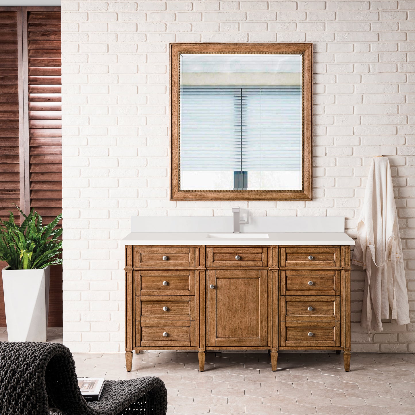 James Martin Vanities Brittany 60" Saddle Brown Single Vanity With Single Hole 3 cm White Zeus Quartz Top & Backsplash