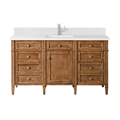 James Martin Vanities Brittany 60" Saddle Brown Single Vanity With Single Hole 3 cm White Zeus Quartz Top & Backsplash