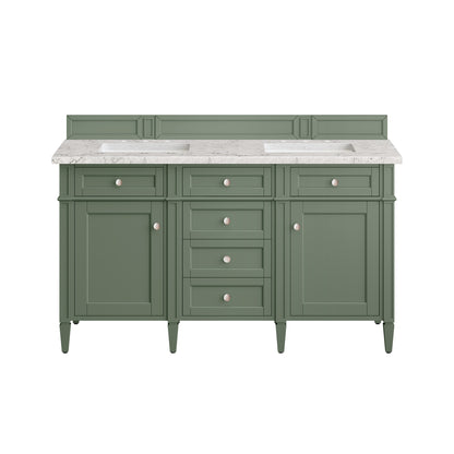 James Martin Vanities Brittany 60" Smokey Celadon Double Vanity With 3 cm Eternal Jasmine Pearl Top and FreePower Wireless Charger