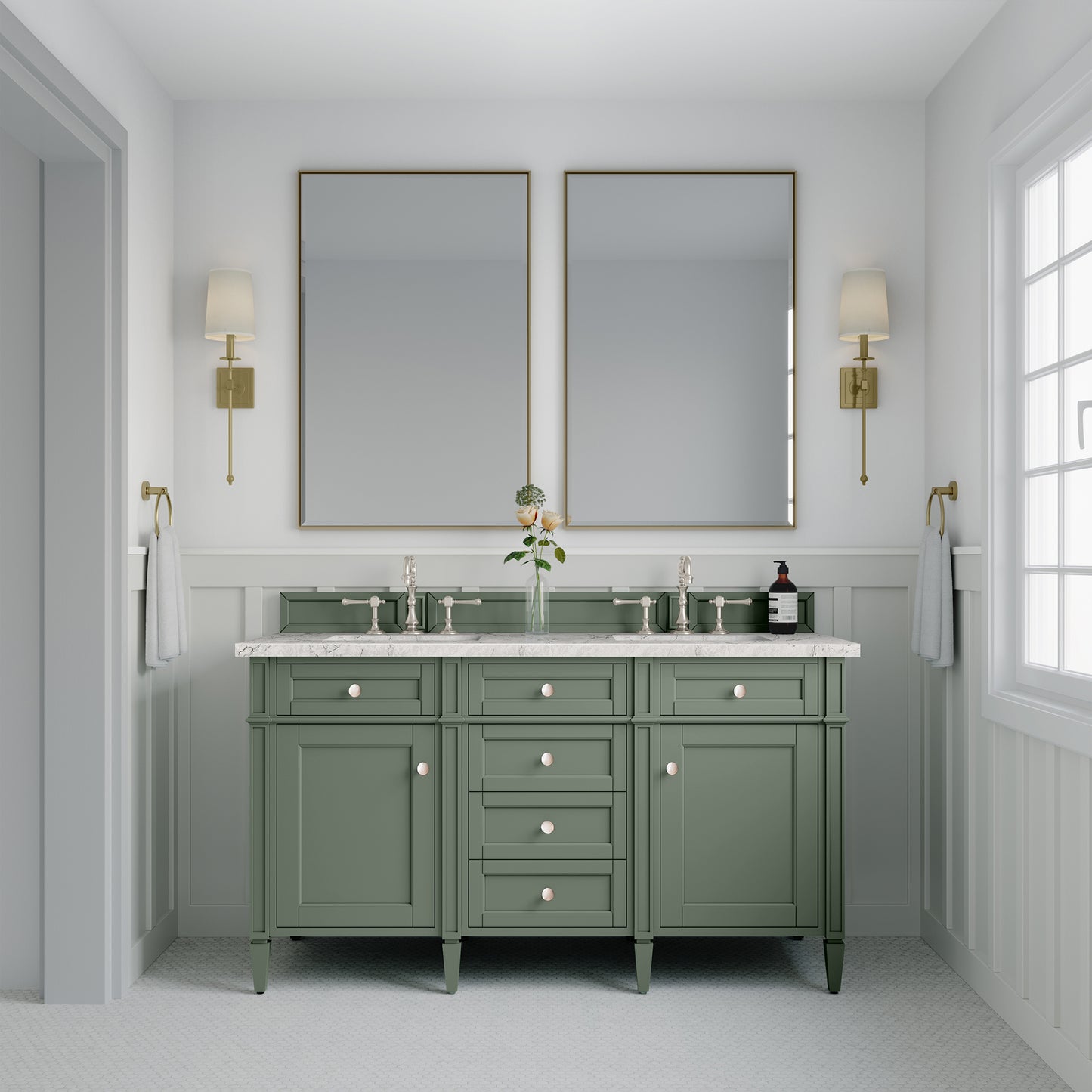James Martin Vanities Brittany 60" Smokey Celadon Double Vanity With 3 cm Eternal Jasmine Pearl Top and FreePower Wireless Charger