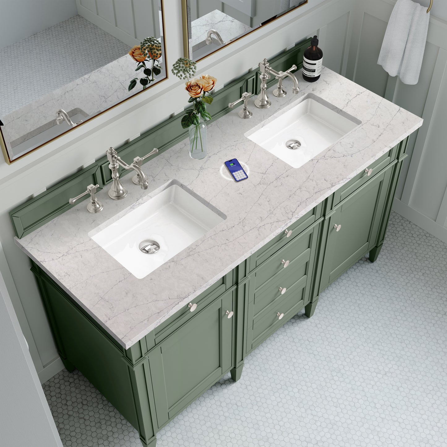 James Martin Vanities Brittany 60" Smokey Celadon Double Vanity With 3 cm Eternal Jasmine Pearl Top and FreePower Wireless Charger