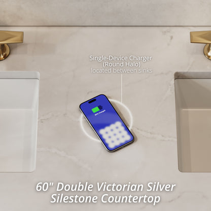 James Martin Vanities Brittany 60" Smokey Celadon Double Vanity With 3 cm Victorian Silver Top and FreePower Wireless Charger