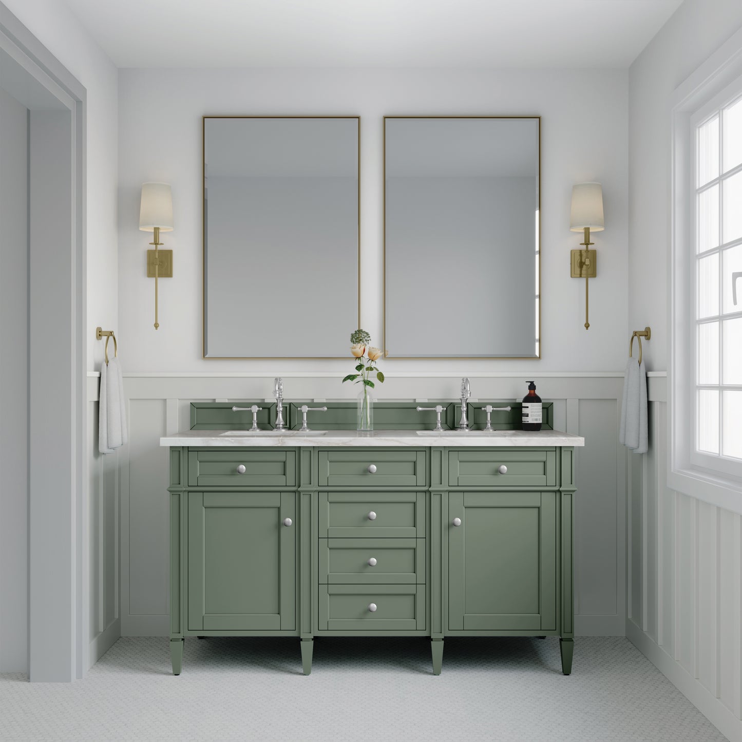 James Martin Vanities Brittany 60" Smokey Celadon Double Vanity With 3 cm Victorian Silver Top and FreePower Wireless Charger