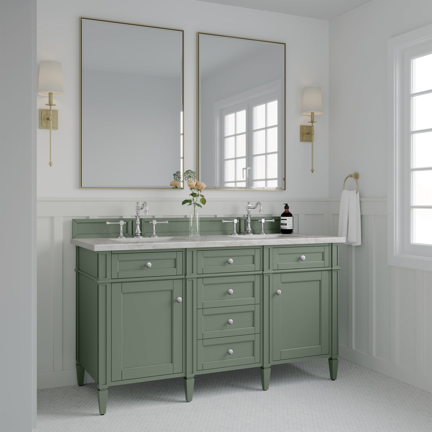 James Martin Vanities Brittany 60" Smokey Celadon Double Vanity With 3 cm Victorian Silver Top and FreePower Wireless Charger