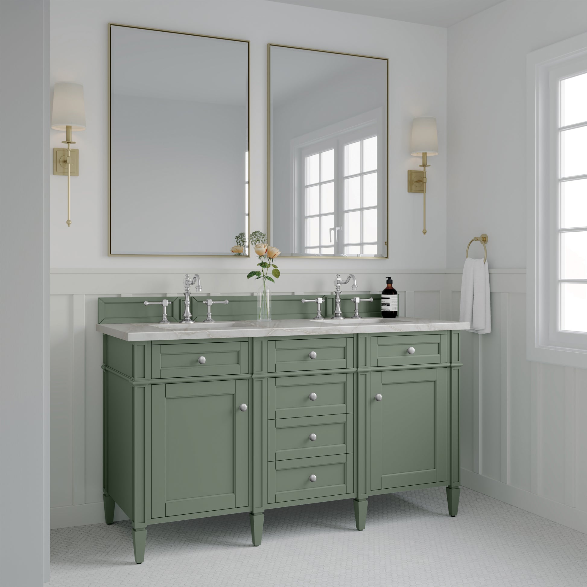 James Martin Vanities Brittany 60" Smokey Celadon Double Vanity With 3 cm Victorian Silver Top and FreePower Wireless Charger