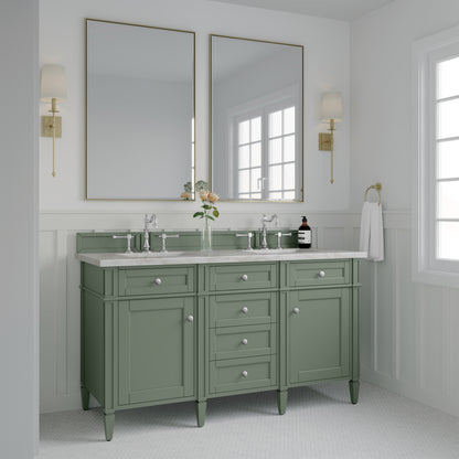 James Martin Vanities Brittany 60" Smokey Celadon Double Vanity With 3 cm Victorian Silver Top and FreePower Wireless Charger